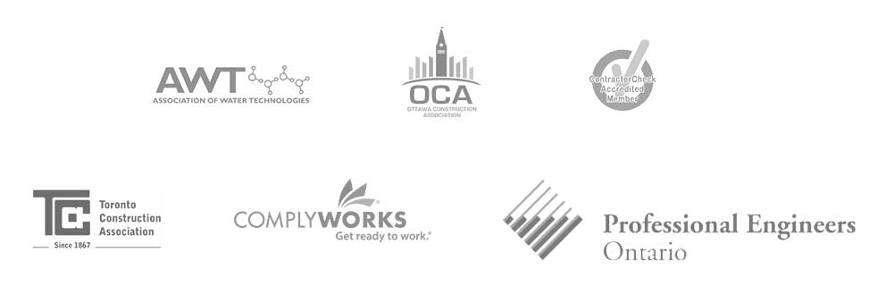 Affiliate logos - AWT Association of Water Tecnologies logo - OCA Ottawa Construction Association logo - Contractor Check Accredited Member logo - TCA Toronto Construction Association logo - Comply Works logo