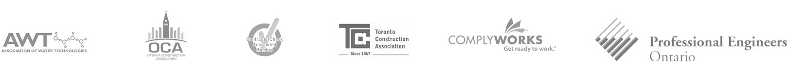 Affiliate logos - AWT Association of Water Tecnologies logo - OCA Ottawa Construction Association logo - Contractor Check Accredited Member logo - TCA Toronto Construction Association logo - Comply Works logo